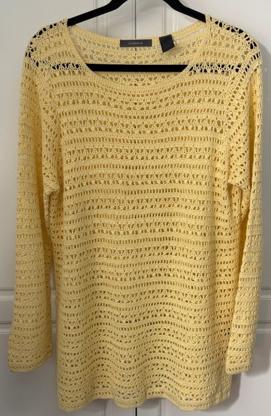 Liz Claiborne Yellow Crochet Open-Knit Long Sleeve Tunic Length Sweater Size L
